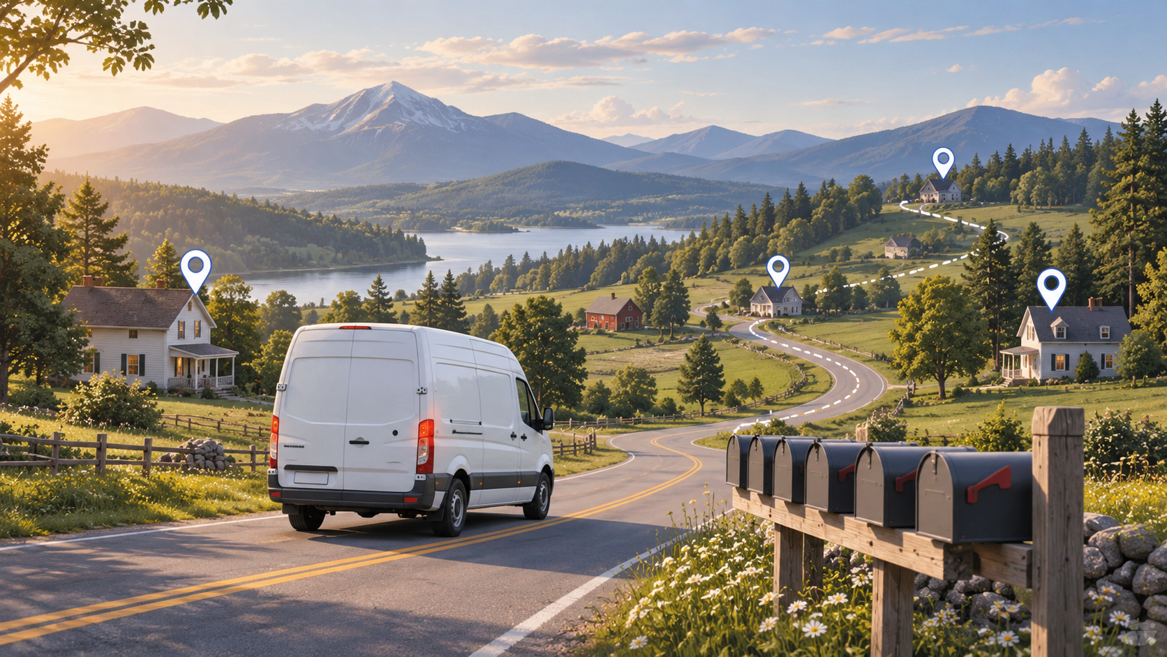 Symbolic illustration of a delivery van on a rural road, with mailboxes and route markers connecting scattered homes.