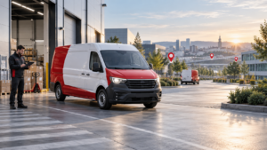 Scheduled courier van departing a warehouse on a planned recurring delivery route