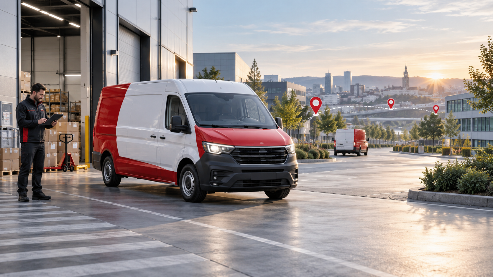Scheduled courier van departing a warehouse on a planned recurring delivery route