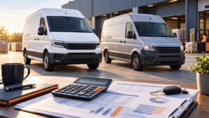 Neuer weißer und gebrauchter silberner Transporter vor einer Logistikhalle mit Taschenrechner und Kostenaufstellung im Vordergrund